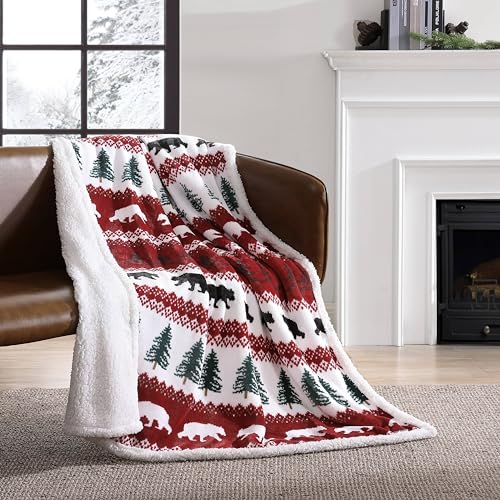 Eddie Bauer - Throw Blanket, Brushed Fleece & Plush Sherpa Bedding, Blanket for Couch & Bed (Grizzly Peak Red, 50" x 60")