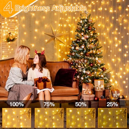 Ollny Christmas Curtain Lights 300 LED 9.8 FTx9.8 FT, Outdoor Waterproof Curtain String Lights with Remote Timer 8 Modes, ...