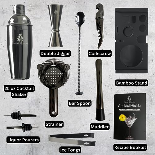 Hawke & Hanley Mixology Bartender Kit: Cocktail Shaker Bar Set with a Martini Shaker, Bar Tools and Black Bamboo Stand | B...