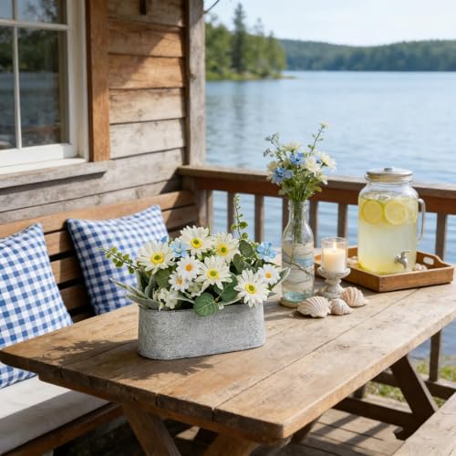 ZKIEIRE Floral Centerpieces for Tables, 12 Inch Small Artificial Flowers in Metal Pot with White Daisy Arrangement, Farmho...