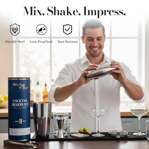 Bartender Kit with Stainless Steel Boston Shaker Bottle | 11-Piece Cocktail Shaker Set with Weighted Design, Premium Bar A...