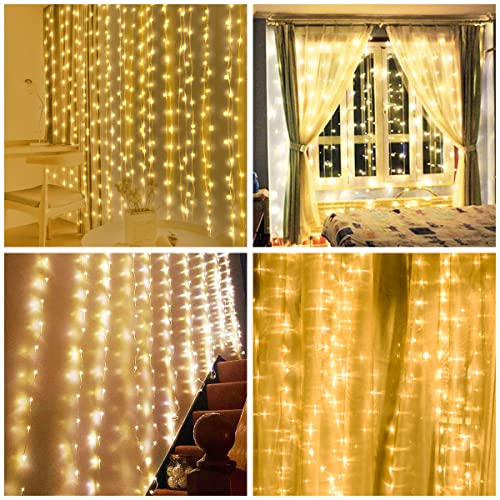 AOMIG Fairy Curtain Lights,300 LED Warm White Window Curtain String Light,8 Modes 9.8×9.8Ft Waterproof Curtain String Ligh...