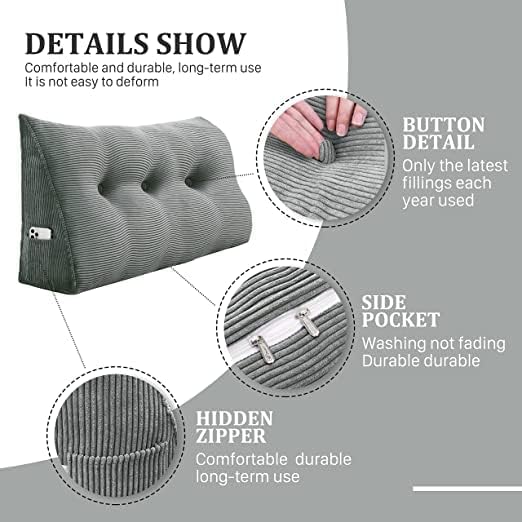 Wedge Headboard Pillow Dorm Room Reading Pillow Back Support for Sitting Up in Bed Bolster Lumbar Cushion Body Positioning Bedrest Corduroy (Dark Gray, Twin (39 * 8 * 20in))