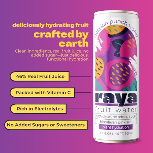Raya Fruit Water, Passion Fruit Punch, 16.9 fl oz (12-Pack) – 46% Juice, No Added Sugar, Rich in Vitamin C & Electrolytes,...
