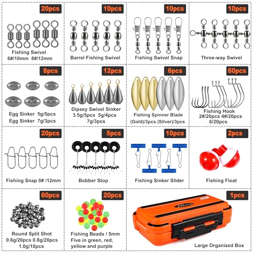 PLUSINNO 253/387pcs Fishing Gear Accessories Kit, Fishing Tackle Box with Tackle Included, Fishing Hooks, Fishing Weights ...
