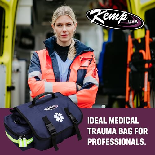 Kemp USA EMT First Responder Trauma Bag, Navy Blue, First Aid & Survival Gear with High-Visibility Reflectors, Rapid Medic...