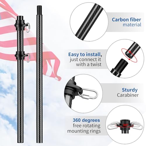 2 Set Real Carbon Fiber Truck Flag Pole, 6 Ft x 1.25 Inch Heavy Duty Flag Pole for Truck, for Pickup Trucks, RVs, SUVs,Black