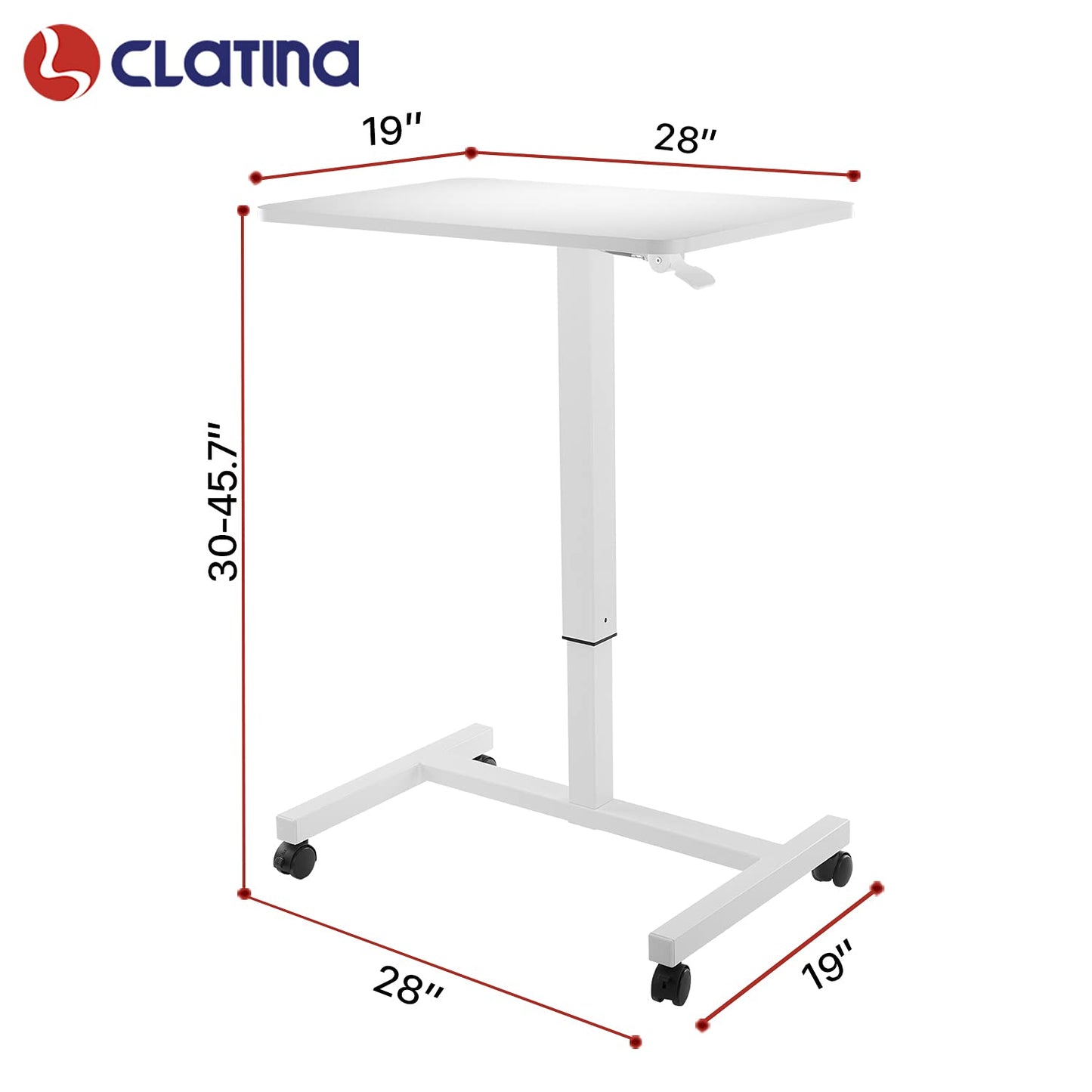 CLATINA Round Edge Design Elegant Mobile Laptop Desk Pneumatic Sit to Stand Table, Height Adjustable Rolling Cart with Lockable Wheels for Home Office Computer Workstation, 28" x 19" White