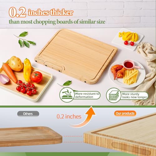 4-PCS Bamboo Cutting Board Set with Innovative Stand - Durable Double Sided Wooden Cutting Board with Juice Groove & Handl...