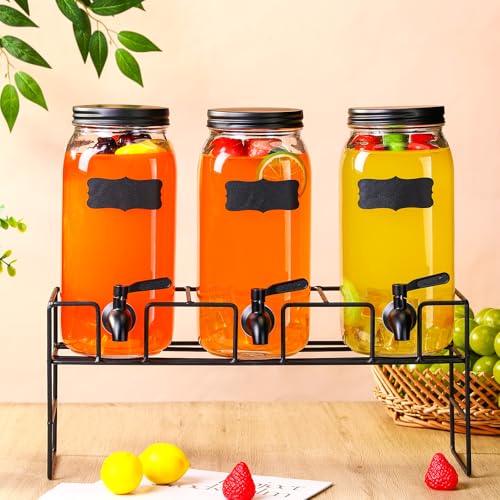 RimCereal 3 Pack 80 oz Glass Beverage Dispenser with Stand Clear Mason Jar Water Dispenser for Party, Fridge Includes Leak...