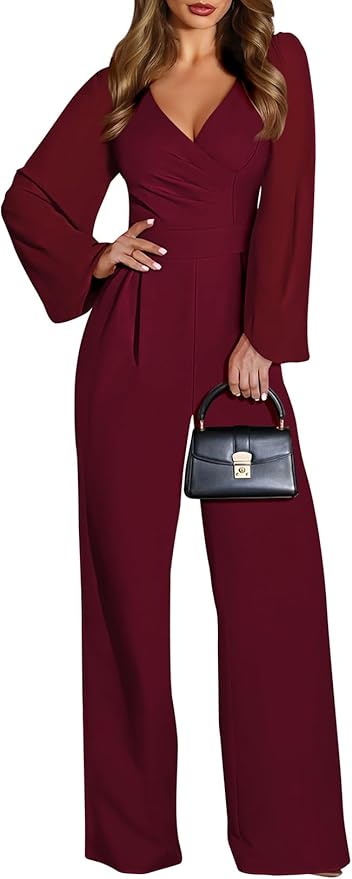 Pink Queen Jumpsuits for Women Dressy Patchwork Chiffon Sleeve V Neck Wide Leg Romper Holiday Party Outfits