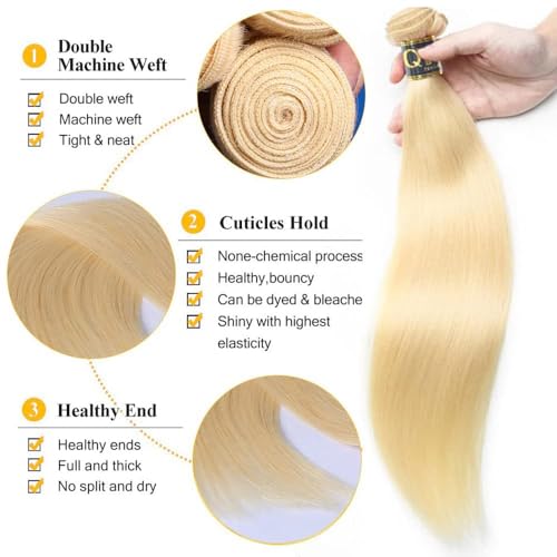 QTHAIR #613 Blonde Hair Straight Human Hair Bundles (10" 12" 14",300g)16A Grade 100% Brazilian Color #613 Platinum Blonde Straight Brazilian Virgin Human Hair 3 Bundles