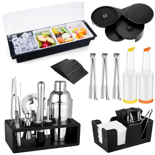 Mifoci 23 Pcs Bartender Supplies Kit Garnish Tray for Bartenders with Bar Caddy 3 Tier Salt Rimmer 13 Pcs Cocktail Shaker ...