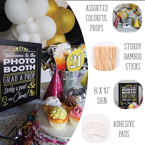 21st Birthday Photo Booth Props - 41-pc Photo Booth Kit with 8 x 10-Inch Sign, 60 Adhesive Pads, 45 Sticks - Photo Booth 2...