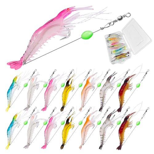 14PCS Saltwater Fishing Lures Shrimp Lures Set with Bait Box, 7 Colors Premium Soft Shrimp Fishing Tackle with Luminous Sh...
