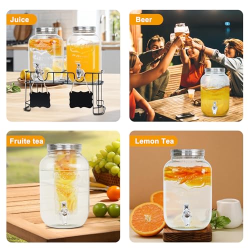 2-Pack 1 Gallon Glass Drink Dispensers for Parties - Leak-Proof Beverage Dispenser with Stand, Spigot, Ice Cylinder & Chal...
