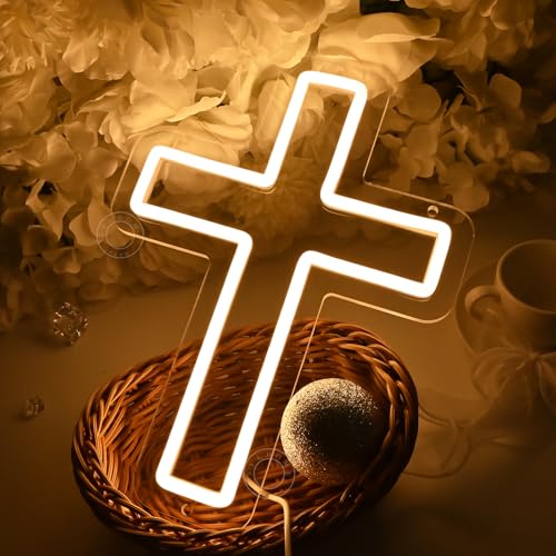 SYLHOME Cross Led Neon Light Sign Kids Bedroom Nursery Wall Sign Decor Christening Baby Shower Wedding Birthday Party Back...
