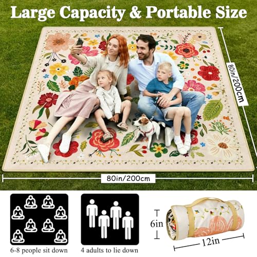 QDJGSDDGM Picnic Blankets Waterproof Foldable Extra Large,80"x 80" Outdoor Beach Blanket Sandproof,3-Layer Lightweight Han...