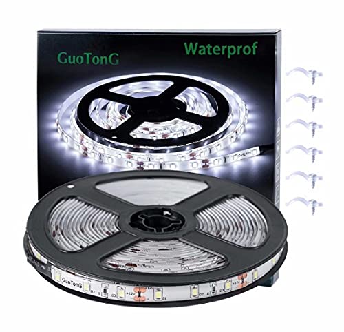GUOTONG White LED Strip Lights, Waterproof cuttable 300 SMD 2835 LED Tape, 6000K 12V 16.4ft/5m Flexible Ribbon, Kitchen Ca...