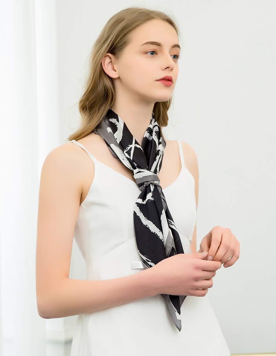 ANDANTINO 100% Pure Mulberry Silk Scarf 35" Large Square Real Silk Headscarf –Women’s Hair Scarves and Wraps (Black)
