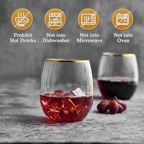 FOCUSLINE 32 Pack 12 OZ Plastic Wine Glasses, Stemless Disposable Wine Cups, Gold Rim Unbreakable Wine Glasses, Reusable S...
