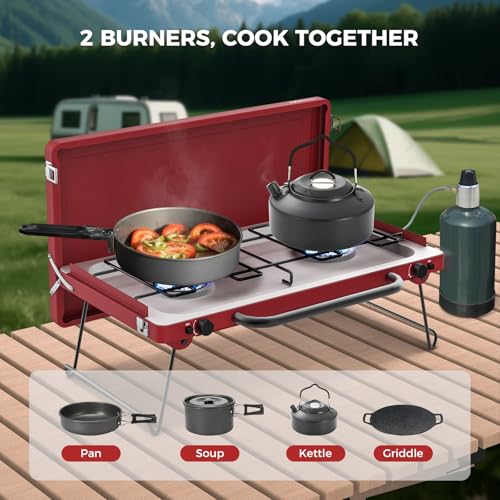 CAMPLUX Safari 2 Burner Propane Camping Stove 20,000 BTU, Portable 2 Burner Propane Camping Grill Stove with Foldable Leg...