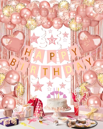 Lutoys Rose Gold Happy Birthday Party Decorations, Happy Birthday Banner, Rose Gold Foil Heart Star Confetti Balloons Curt...