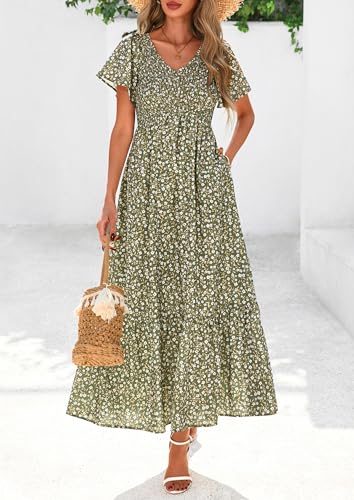 PRETTYGARDEN Boho Dresses for Women 2026 Summer Floral Short Sleeve V Neck Smocked Flowy Beach Vacation Maxi Dress