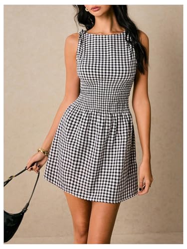 Floerns Women's Tie Shoulder A Line Gingham Dress Boat Neck Mini Checkered Elegant Dresses