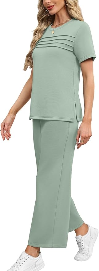 WIHOLL Two Piece Sets for Women Summer Travel Vacation Outfits Short Sleeve Lounge Sets Side Slit Wide Leg Pants S-3XL