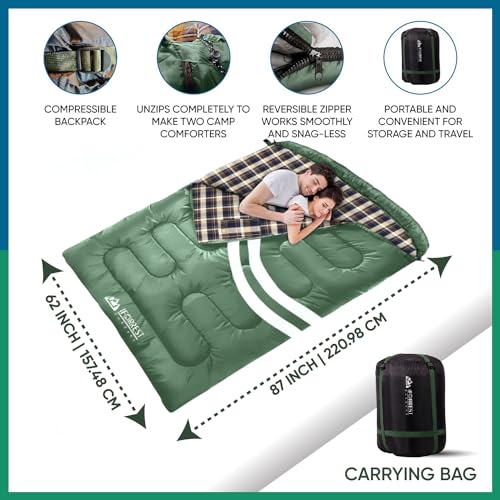 IFORREST Double Cotton Flannel Sleeping Bag for Adults – Extra-Wide 2-Person 10°F Cold Weather Camping Bed, Warm Queen XXL...