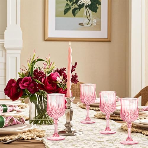 Deritec Plastic Goblets Plastic Wine Glasses 24 PCS, 7oz Pink Goblets Glassware Disposable Cups for Wedding Reception, Gra...