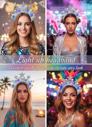 Yokawe Light Up LED Star Headband Silver Crown with Iridescent Tinsel,White Pom Pom, New Year, Christmas Party Costume Acc...