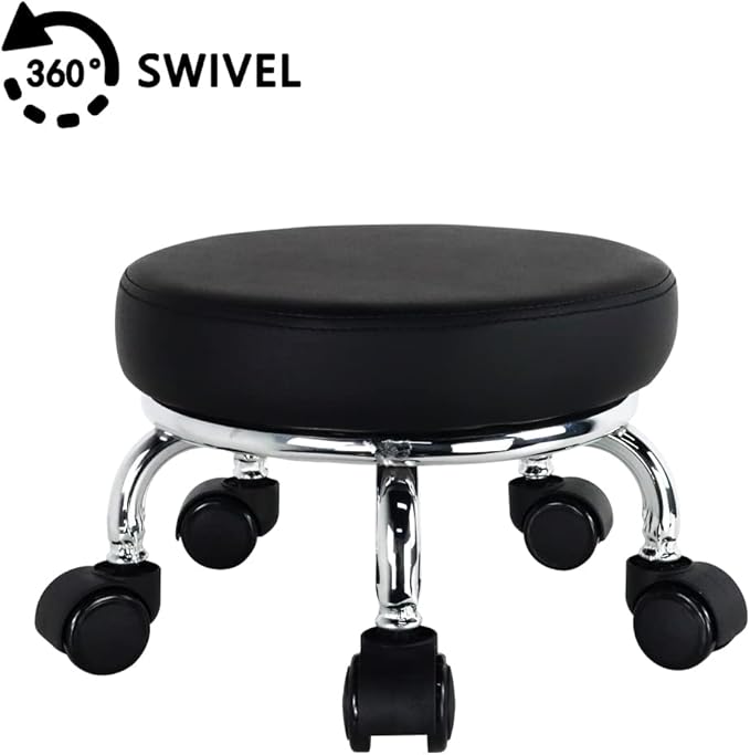 WKWKER Modern Roller Seat PU Leather Low Round Rolling Stool 360° Swivel Small Seat with Universal Wheels Foot Stool for Home Office Garage Shop Fitness Sport H：8.6" （Black）