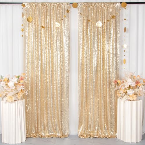 ShinyBeauty Light Gold Backdrop Sequin Curtains 4FTx7FT 2 Pieces Photograph Backdrops Golden Curtain Panels Shimmer Backgr...