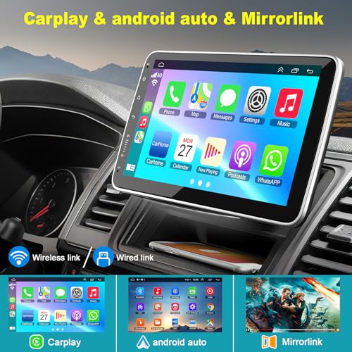 10 Inch Single Din Car Stereo Wireless CarPlay Android Auto Rotatable Touchscreen Android CarPlay Radio Bluetooth FM GPS N...