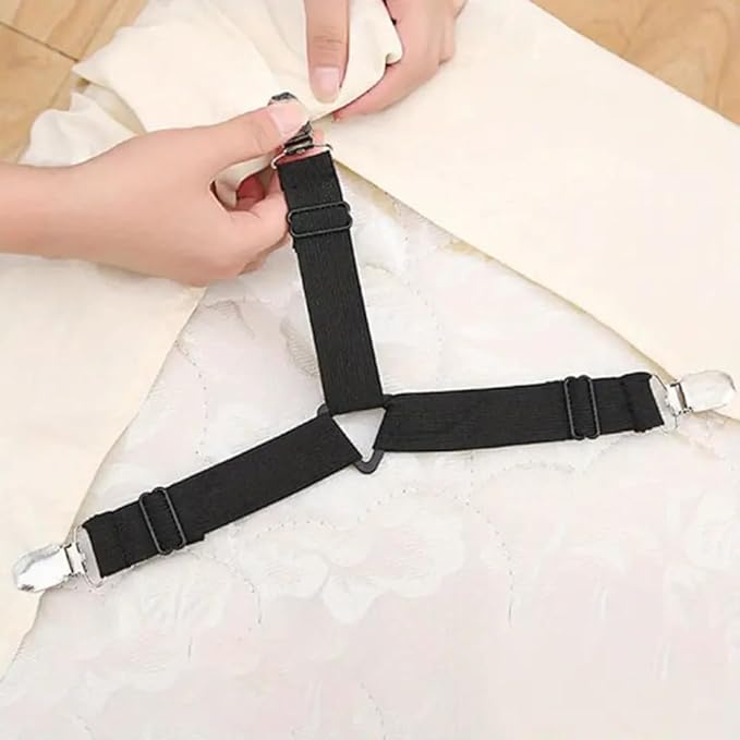 4 Pack Bed Sheet Holder Straps, Fitted Bed Sheet Holders for Corners, Elastic Adjustable Bed Sheet Fastener Triangle Bed Sheet Corner Holders Clips (Black)