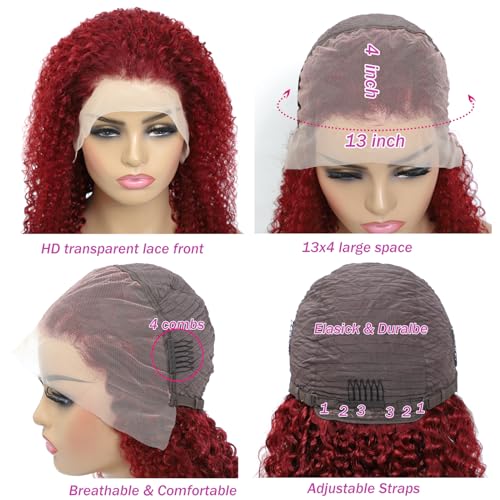 99J Burgundy 13x4 Deep Wave Lace Front Wigs Human Hair HD Transparent Lace Frontal Wig Human Hair Pre Plucked 99j Burgundy Deep Curly Wigs Human Hair For Women 180% Density 20 Inch
