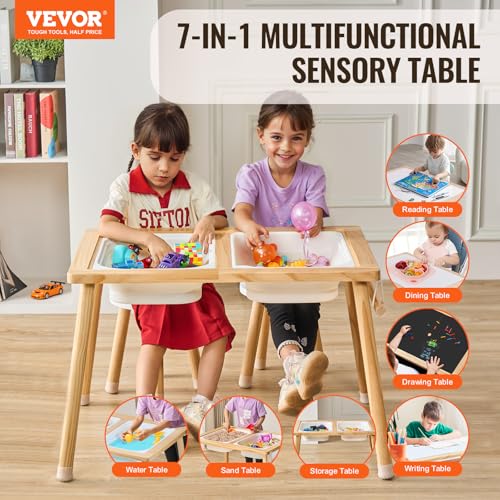 VEVOR Sensory Table and Chairs Set, Toddlers Activity Table with 2 Stools, 2 Storage Bins & Paper Roll Holder, Indoor/Outd...