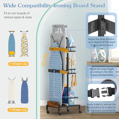 Ironing Board Hanger,Iron and Ironing Board Holder No Wall Mount,Laundry Room Organization and Storage Cart with Iron Stan...