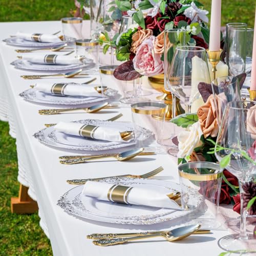 Nervure 350PCS Gold Plastic Plates - Gold Plastic Dinnerware Sets for 50 Guests - 100 Disposable Plates, 150 Silverware, 5...