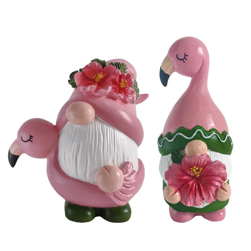KIDDCW Summer Flamingo Gnome with Flower Figurines 2 Pcs, Resin Pink Bird Sculpture Beach Tropical Decor for Garden Patio Yard Lawn Porch