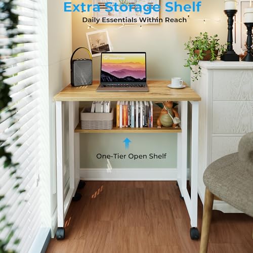 GreenForest Folding Desk Small Rolling Desk with Storage Shelf,24.8 inch Foldable Computer Desk with Wheels for Small Spac...