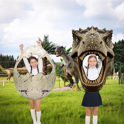 Dino Themed Photo Backdrop Set for Kids Birthday Party – Dinosaur Head and Egg Fabric Banner with Cut-Out Windows – Jungle...