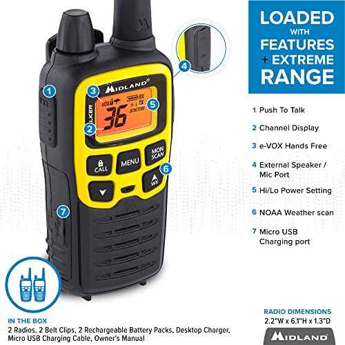 Midland¢ç - T61VP3 X-TALKER - Two-Way Radio - 36 Channel FRS- Long Range Walkie Talkie, 121 Privacy Codes, & NOAA Weather Scan & Alert Black/Yellow, 2-Pack