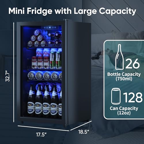 Tehanld Beverage Fridge, 130 Can Mini Fridge With Glass Door, Beverage Cooler Refrigerator, Wine Drink Beer Cooler, Adjust...