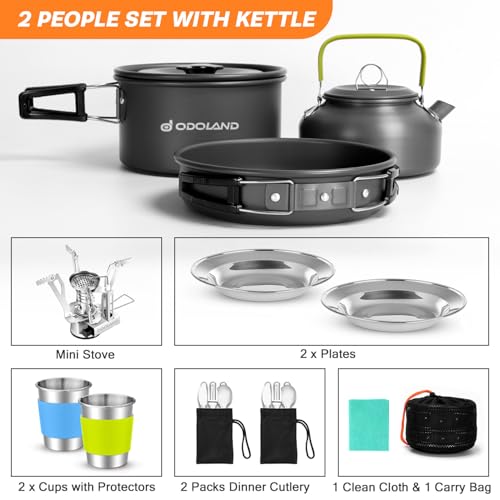 Odoland 16pcs Camping Cookware Set with Folding Camping Stove, Non-Stick Lightweight Pot Pan Kettle Set with Stainless Ste...