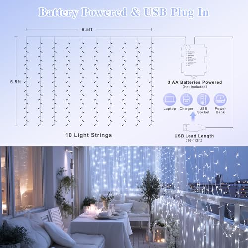 JMEXSUSS 200 LED Fairy Curtain Lights Battery Operated & USB Plug in - Remote Curtain String Lights for Bedroom with 8 Mod...