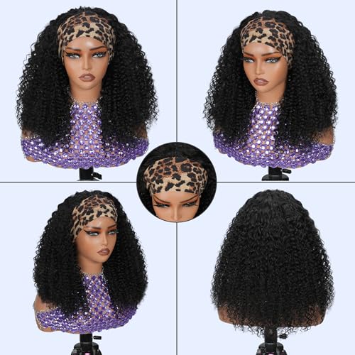 Glueless Half Wigs Human Hair Kinky-Curly Headband Wig Upgrade 3 In 1 Half Wig with Drawstring Seamless Clip Ins Flip Over 200 Density Curly Human Hair Wig For Black Women 22 Inch