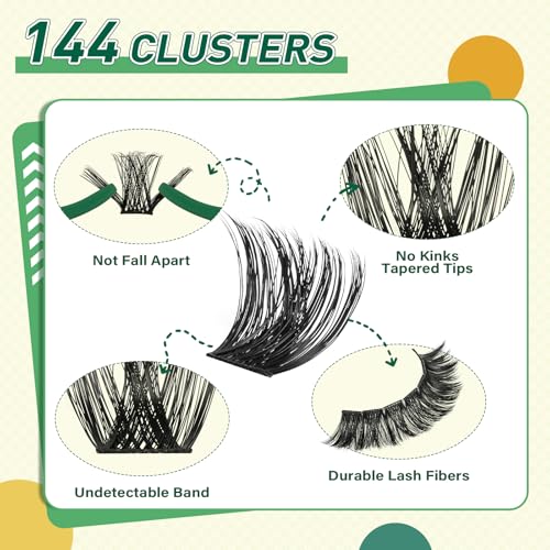 KEYYOU Lash Clusters Kit 144pcs Thick Volume D Curl Eyelash Clusters Lash Extension Kit with Mascara Brush Bond and Seal G...